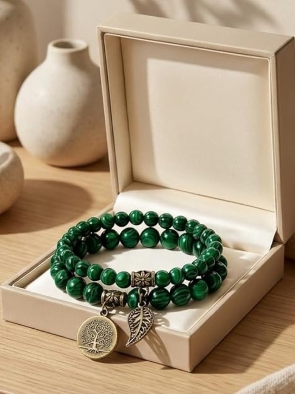 🆕New Malachite Crystal Tree of Life Bracelet-Natural Gemstone & Leaf & Charm